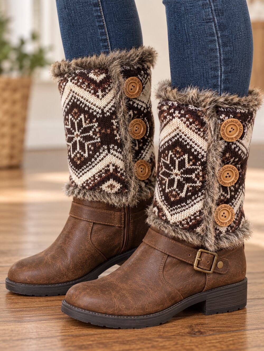MUK LUKS Reversible Boot Covers Womens Faux Fur Fair Isle Knit Brown Leg Warmers